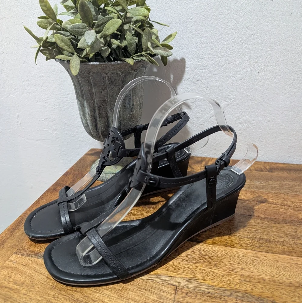 Tory Burch Miller Sandals Ankle Strap Wedge‎ Women 8M Black Leather Logo 5930